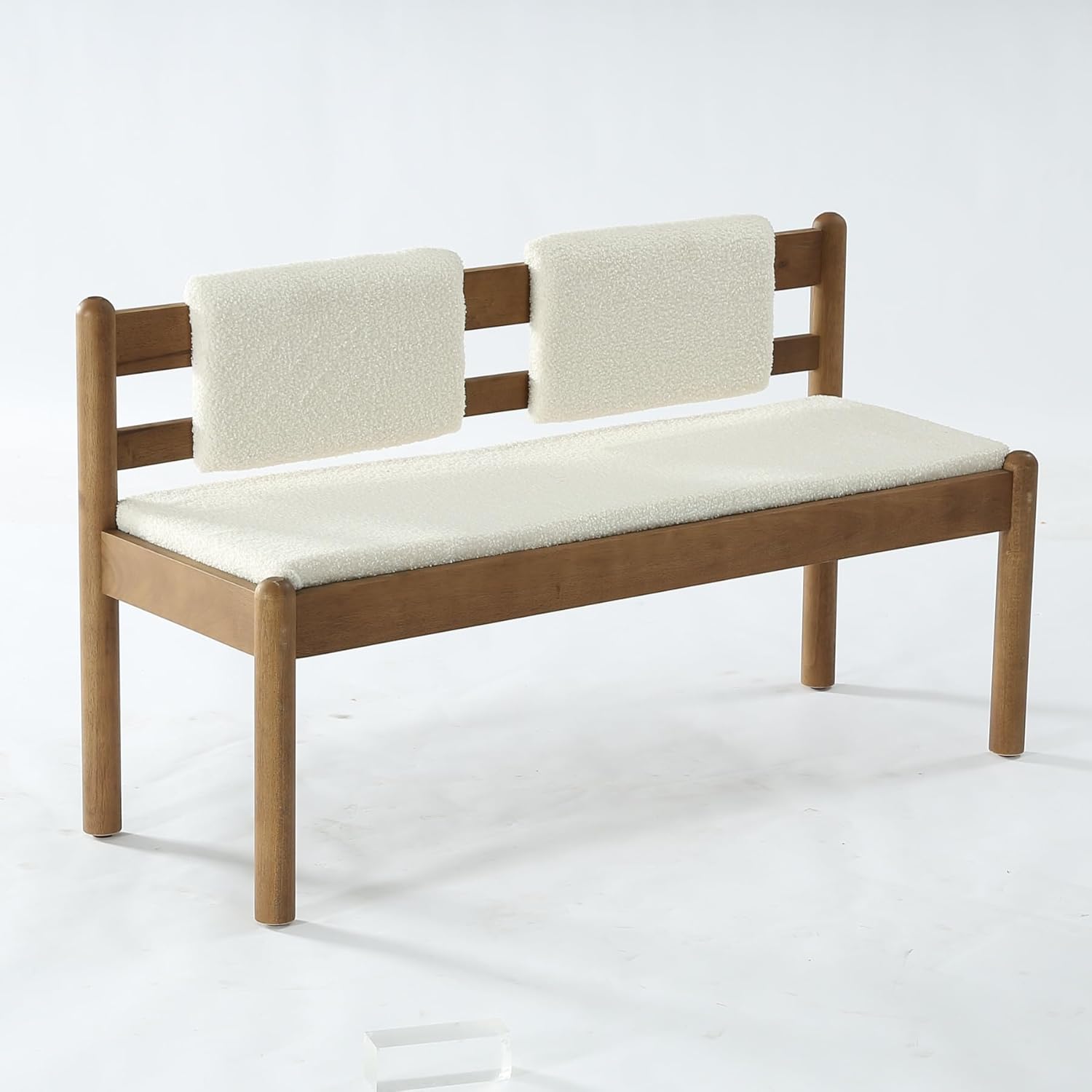 LITTLE TREE Solid Wood Entryway Bench, 49" Dining Bench with Back, Wood Settee Bench with Upholstered Seat, Farmhouse Bedroom Bench for End of Bed, Dining Room, Mudroom, Entryway, White + Walnut Brown