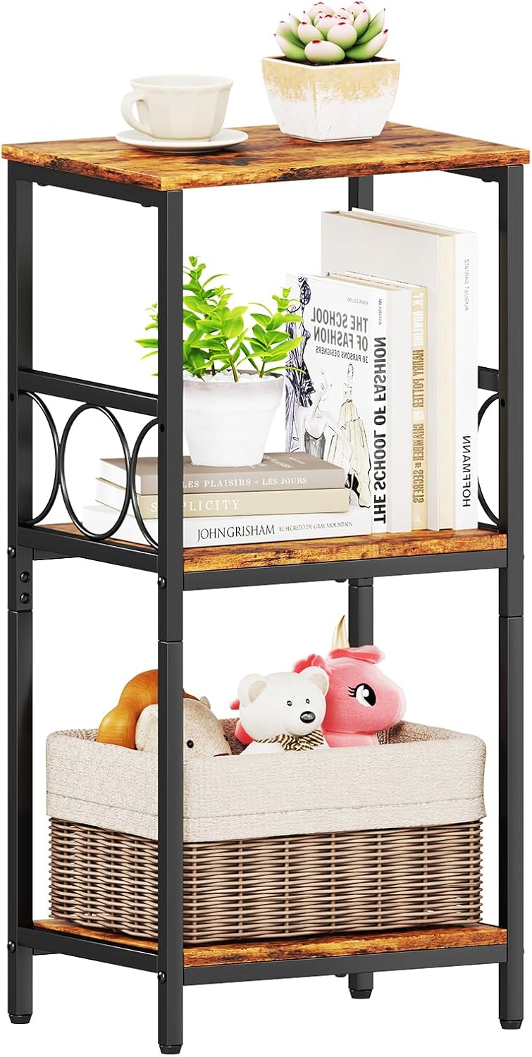 Side Table 3-Tier End Table with Adjustable Shelf Modern Tall Nightstand Small Narrow Accent Table Stand for Living Room Bedroom, Office, Rustic Brown and Black.