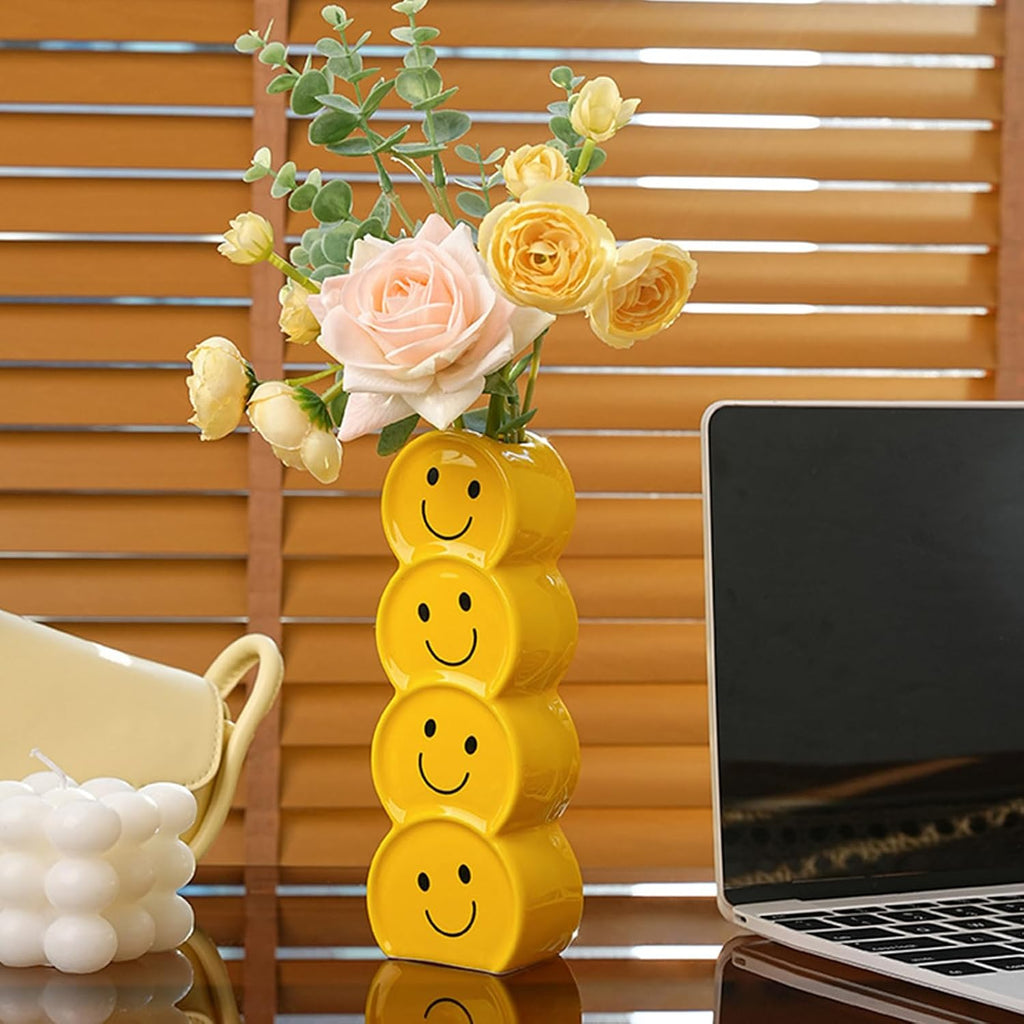 Smile Face Ceramic Vase, 7.3in Glossy Yellow Happy Face Home Office Decor, Playful Desk Ornament for Office, Mood Boosting Gift Men Women