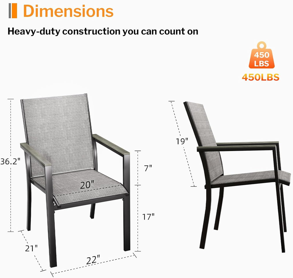 MEOOEM Highback Outdoor Chairs Set of 2, Comfortable Wide Deep Seat Grey Patio Chairs w/Armrests & Metal Frame, Sturdy Durable Heavy Duty Outdoor Armchairs 450LBS for Outside, Backyard, Lawn, Gray