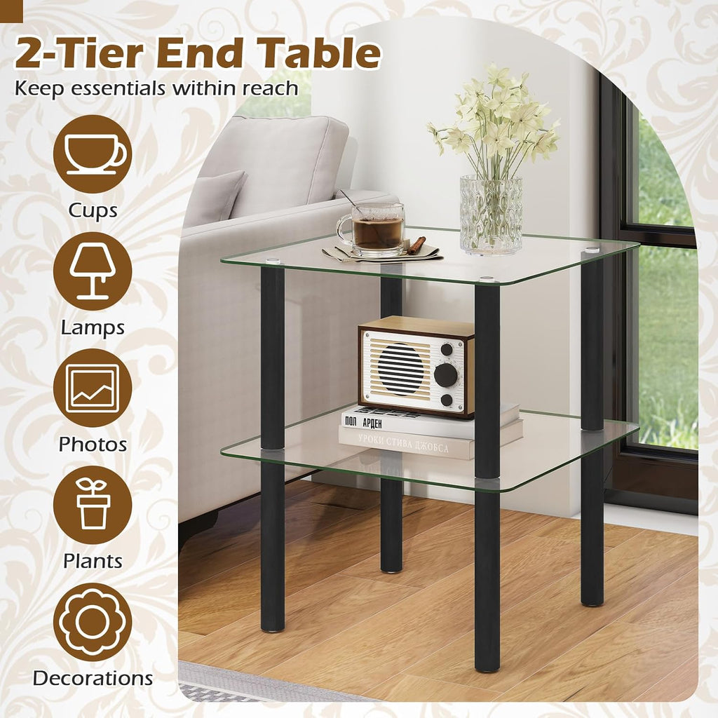 Giantex Square End Table, 2-Tier Sofa Side Table with Clear Tempered Glass Top & Shelf, Small Accent Table with Solid Rubber Wood Legs for Living Room Bedroom Home Office (Black & Clear)