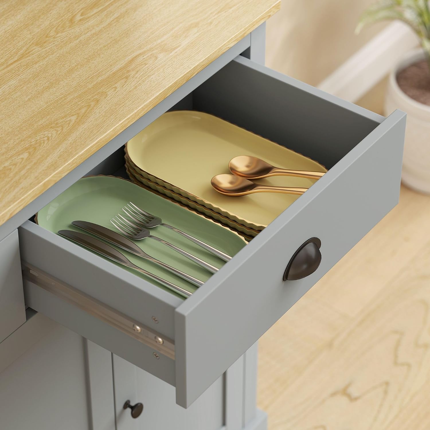 Kitchen Pantry Unit 71 inch, freestanding, Adjustable Shelves Three Heights, Wide countertop for Cable, Gray Oak Yellow Finish