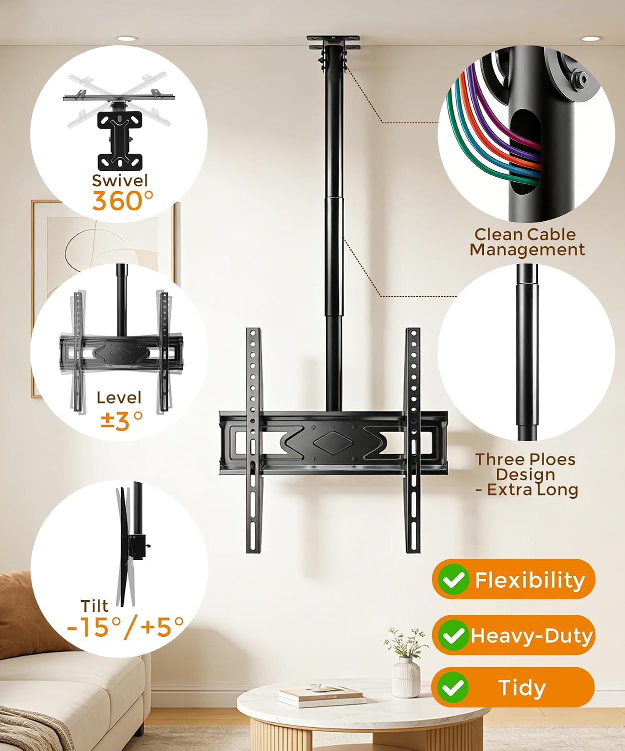 39” Ceiling TV Mount for 26-65 Inch LCD LED OLED 4K TVs, Heavy Duty Hanging TV Ceiling Mount Bracket with Height Adjustable Extension Pole for Home Patio Gazebo, Max VESA 400x400mm, Holds 110lbs