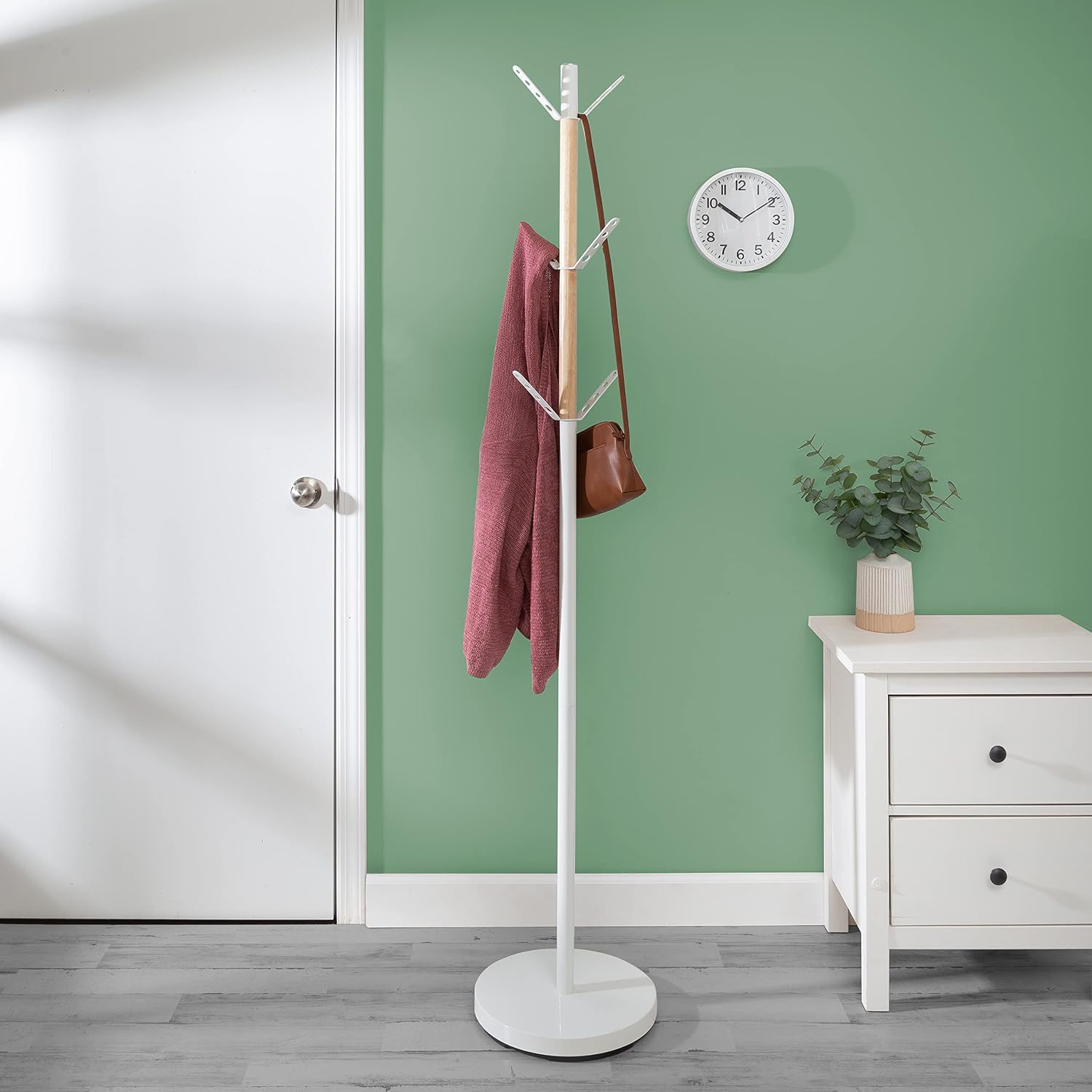 Honey-Can-Do Standing Coat Rack/Entryway Coat Rack Tree, White With Wood Accents