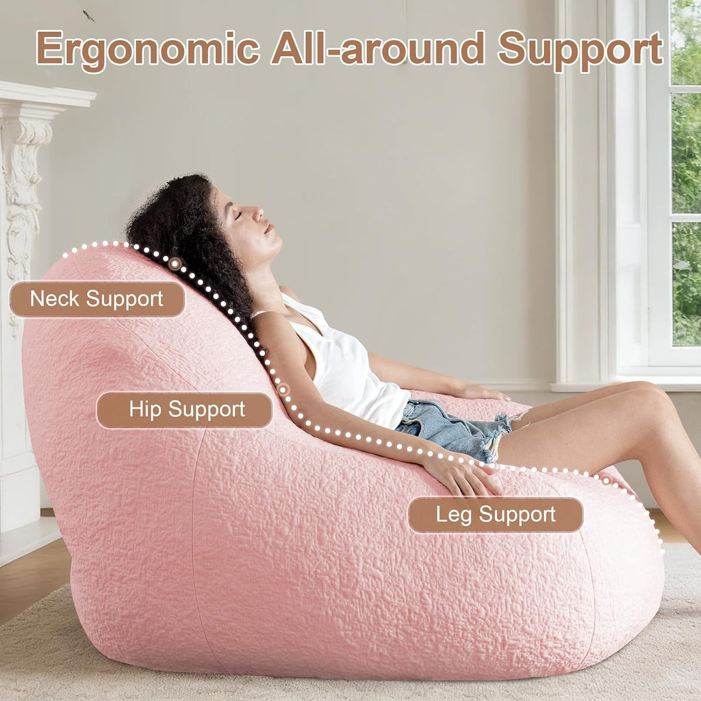 4FT Large Bean Bag Chair for Adults - Big Boneless Floor Chair with Foam Filling, Oversized Bean Bag Sofa for Reading and Gaming in Bedroom, Living Room, Dorm, Pink