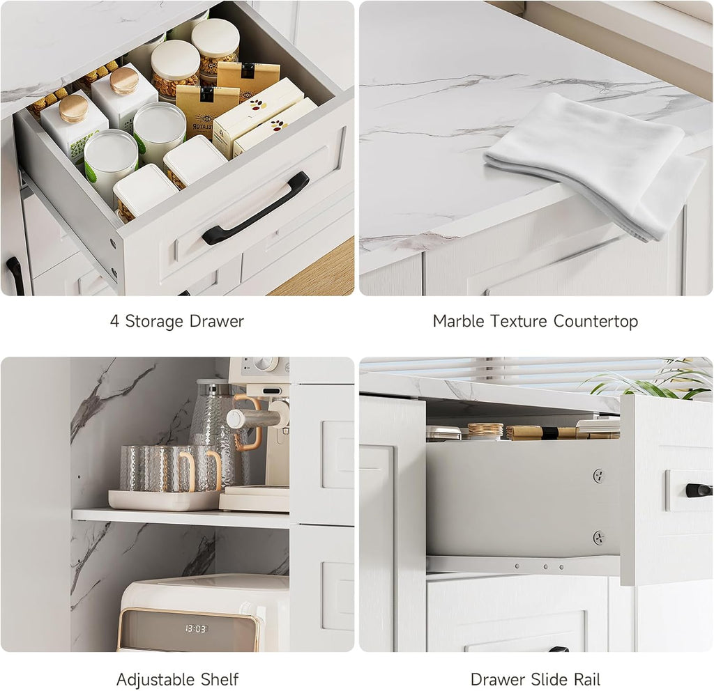 ONBRILL 47.3" Kitchen Island with 2 Storage Cabinets & 4 Drawers, Modern Imitation Marble Dining Table with Power Outlet, Island Bar Table for Kitchen, Dining Room, Living Room, White