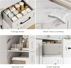 ONBRILL 47.3" Kitchen Island with 2 Storage Cabinets & 4 Drawers, Modern Imitation Marble Dining Table with Power Outlet, Island Bar Table for Kitchen, Dining Room, Living Room, White