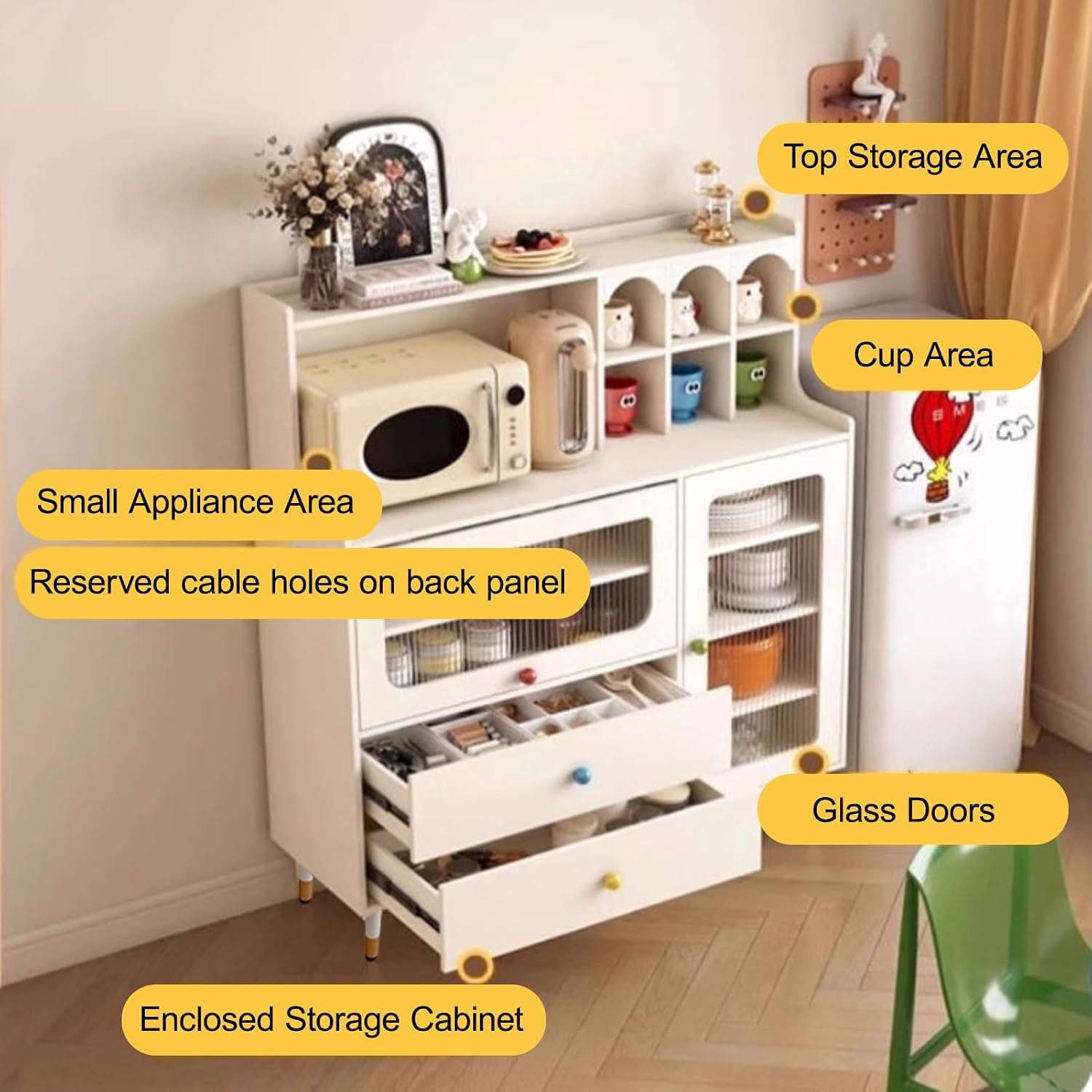 Tall Kitchen Storage Hutch Cabinet, Pantry Cabinet with Storage Drawers, Coffee Bar Workstation, Freestanding Kitchen Cupboard, for Dining Room, Living Room(White,135x100cm/53.1x39.4in)