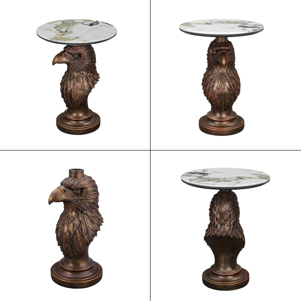 Eagle Head Accent Side Table - End Table with Faux Marble Top Unique Eagle Statue Decor for Living Room Bedroom Entryway Elegant Animal Sculpture Modern Classical Decoration, Bronze