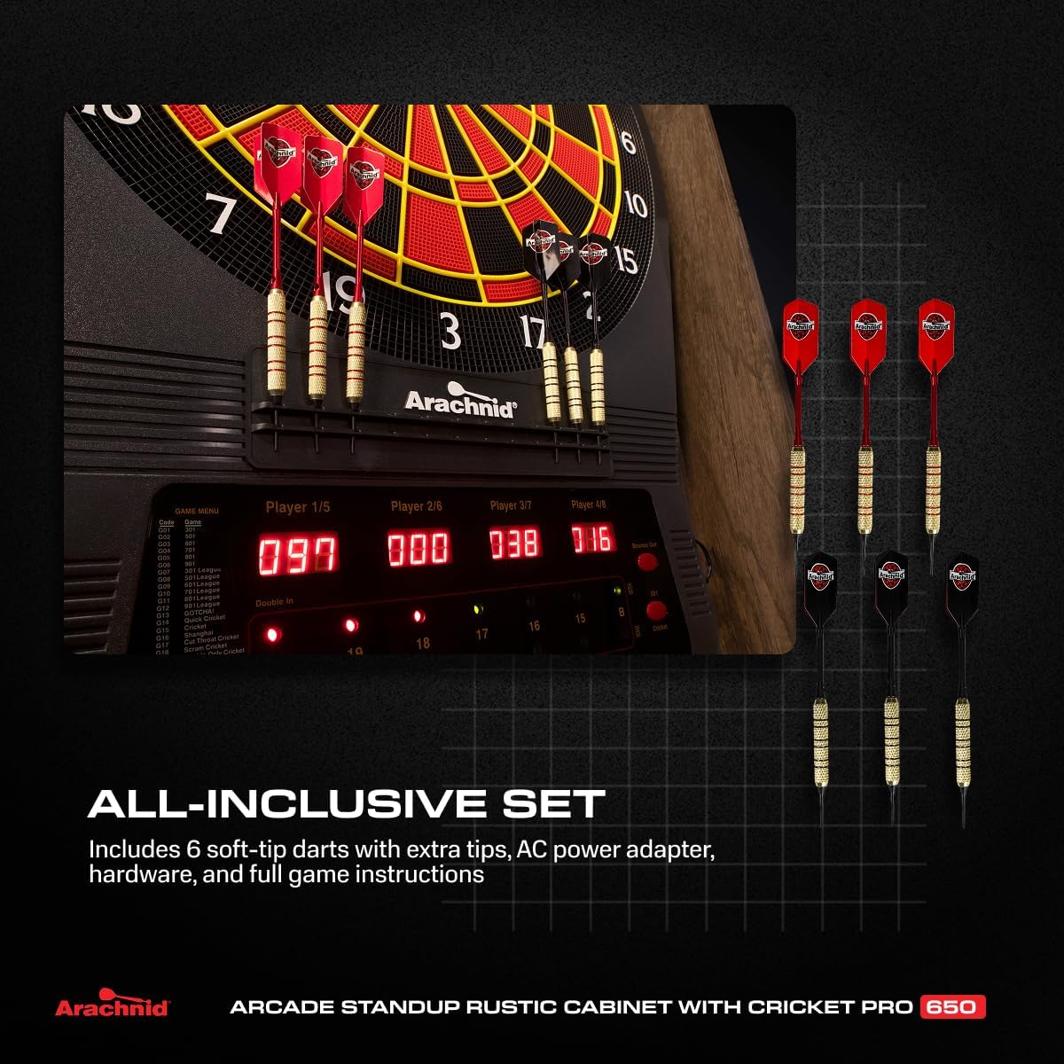 Arachnid Rustic Wood Cabinet: Freestanding LED Unit with E650 Electronic Board. Features 33 Games, 303 Variations, and 8-Player Scoring. Includes 6 Darts and Accessories for a Complete Setup.