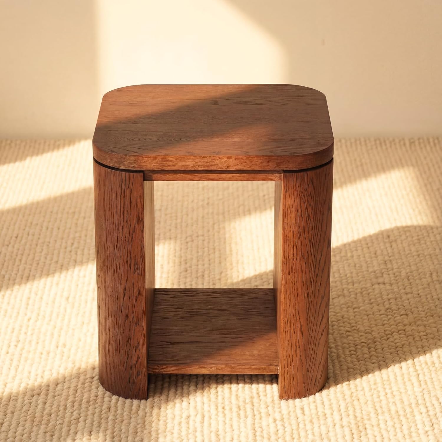 Ovelo End Table Solid Wood Oak Side Table with Storage Shelf, Modern Small Accent Table, White Oak Finish Brown 2 Tier Nightstand for Living Room, Bedroom, Sofa Side Table