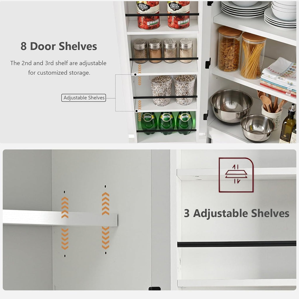 roomfitters 72" Tall Farmhouse Kitchen Pantry Cabinet with Curved Profile & 8 Door Shelves, White
