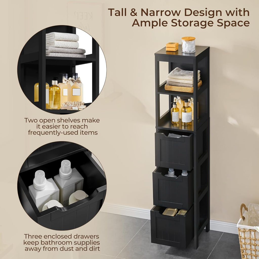 Yaheetech 56”H Bathroom Storage Cabinet, Narrow Freestanding Floor Cabinet with 3 Drawers & 2 Shelves, Tall Slim Bathroom Organization for Living Room/Hallway/Small Space,Black