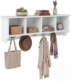 Giantex Wall Mounted Coat Rack, 28.5'' Wooden Floating Shelf with 4 Cubbies & 5 Double Hooks, Modern Space-Saving Storage Display Organizer for Entryway, Hallway, Mudroom (White)