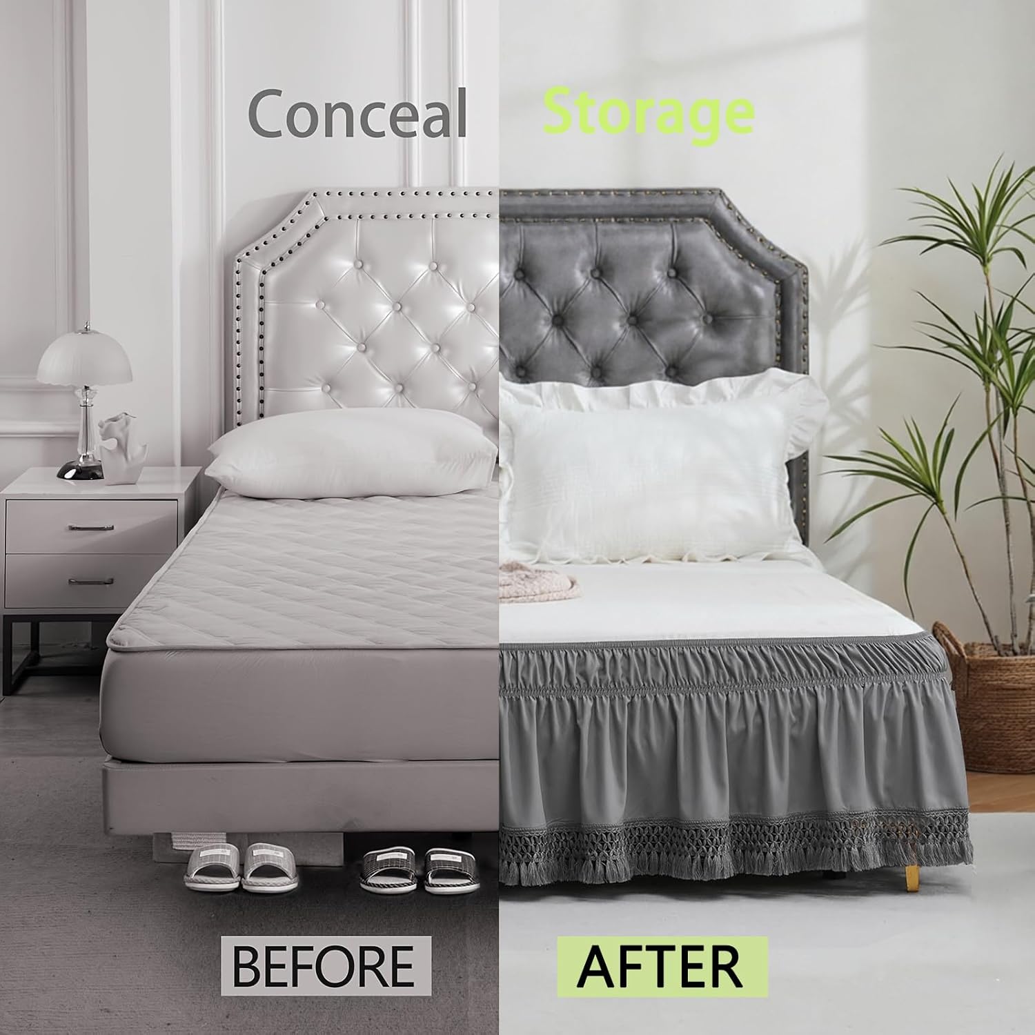 Boho Bed Skirt with 16 Inch Drop, Wrap Around Tassel Bed Skirt, Elastic Dust Ruffle with Adjustable Belts, Easy to Put On, Bed Frame Cover, Machine Washable (Gray,Queen 60"x80")