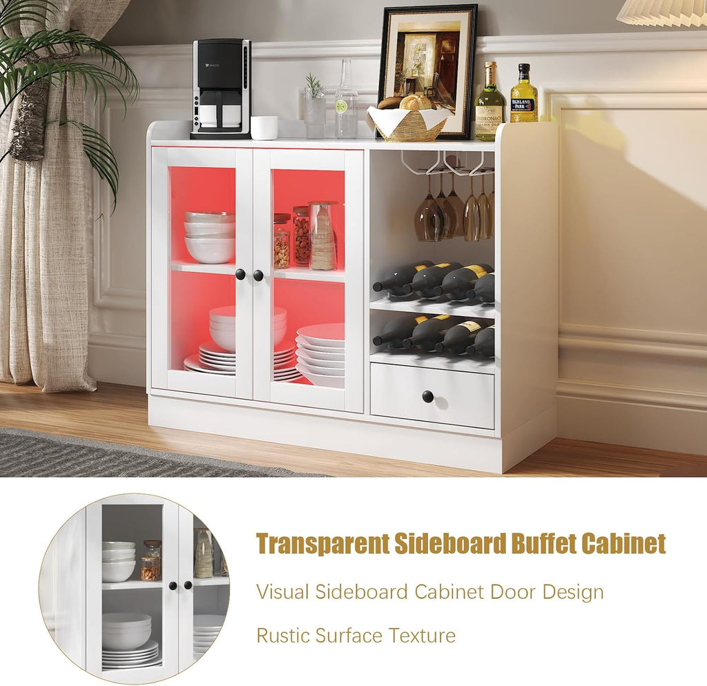 HedoAjim Wine Bar Cabinet with Tempered Acrylic Door & Rack, Freestanding Buffet Sideboard with Glass Holder, Coffee Bar Cabinet for Home Kitchen Living Dining Room, Drawers, Large, LED Lights(White)