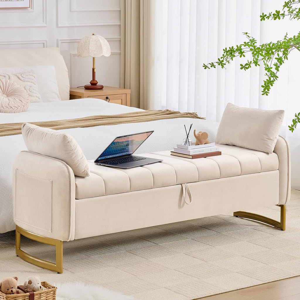 66" Storage Bench for Bedroom End of Bed, King Size Bed Bench with Golden Legs,Storage Ottoman Bench with Arms and 2 Pillows for Foot of Bed Living Room Window Entryway, Beige