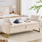 66" Storage Bench for Bedroom End of Bed, King Size Bed Bench with Golden Legs,Storage Ottoman Bench with Arms and 2 Pillows for Foot of Bed Living Room Window Entryway, Beige