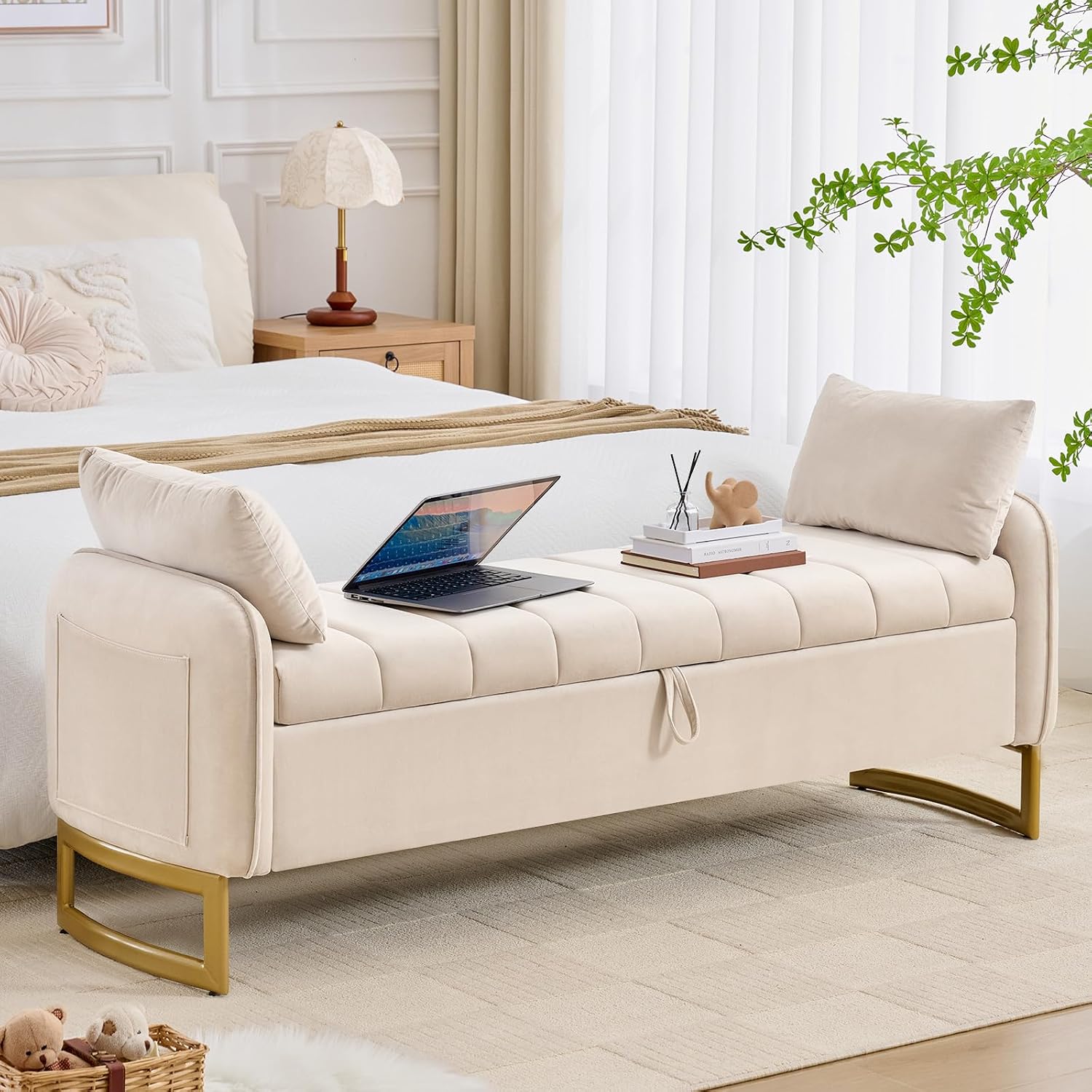 66" Storage Bench for Bedroom End of Bed, King Size Bed Bench with Golden Legs,Storage Ottoman Bench with Arms and 2 Pillows for Foot of Bed Living Room Window Entryway, Beige