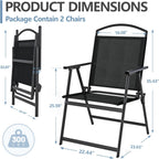 SWITTE Folding Patio Chairs Set of 2, Outdoor Dining Chairs with Armrests, Breathable Textilene & Steel Frame for Lawn, Garden, Yard or Poolside - Black