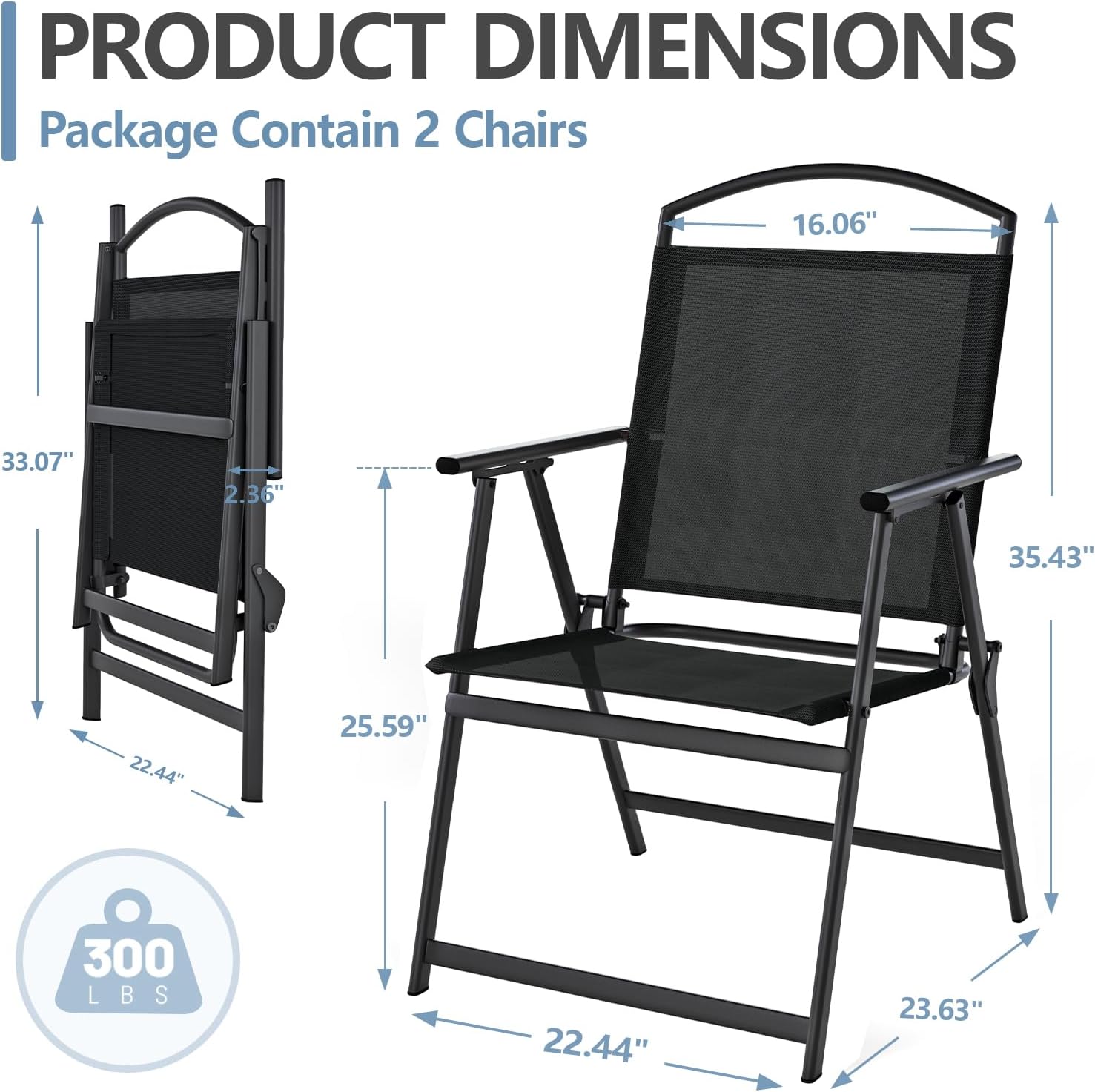 SWITTE Folding Patio Chairs Set of 2, Outdoor Dining Chairs with Armrests, Breathable Textilene & Steel Frame for Lawn, Garden, Yard or Poolside - Black