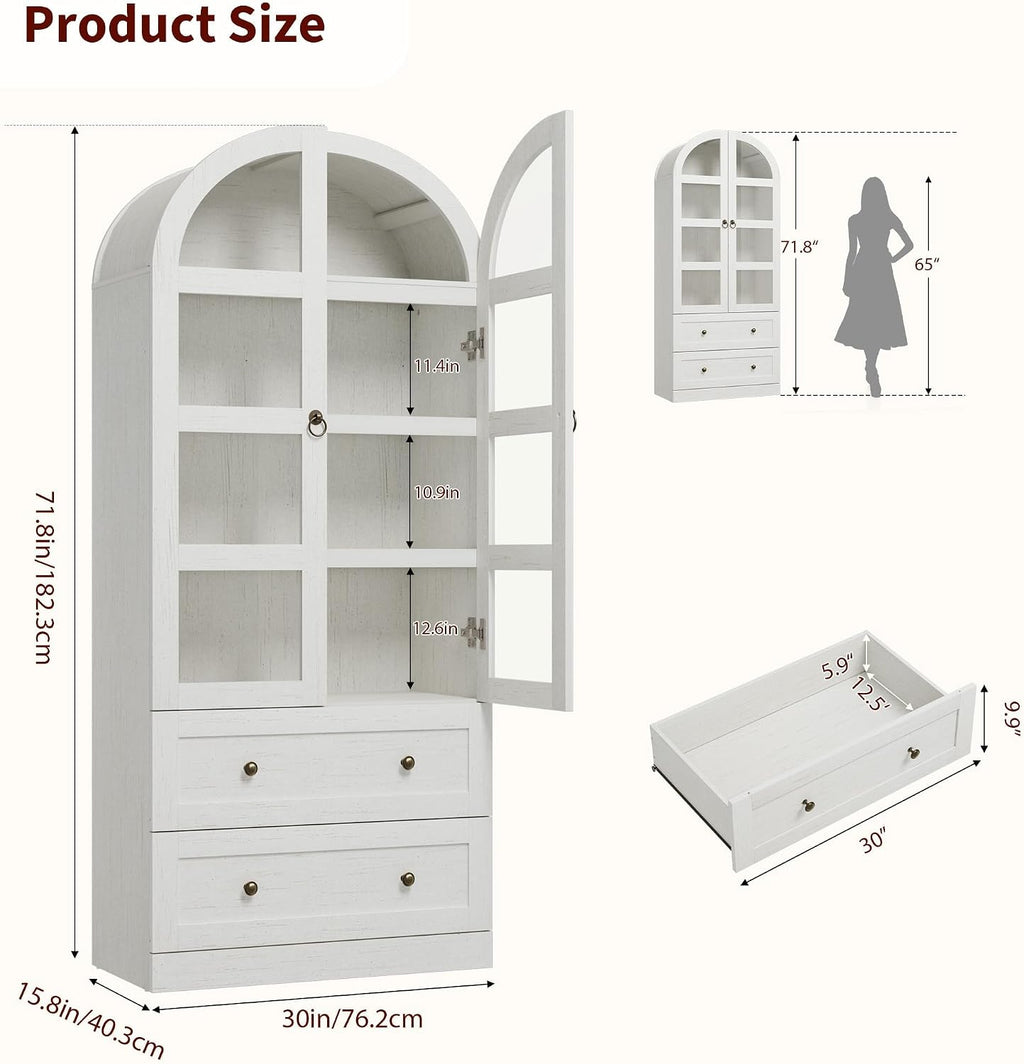 CABIHOME 72" Tall Arched Kitchen Pantry Cabinet, Freestanding Farmhouse Storage Cupboard with Doors, Drawers & Shelves, Versatile Wooden Organizer for Dining Room, Living Room, White