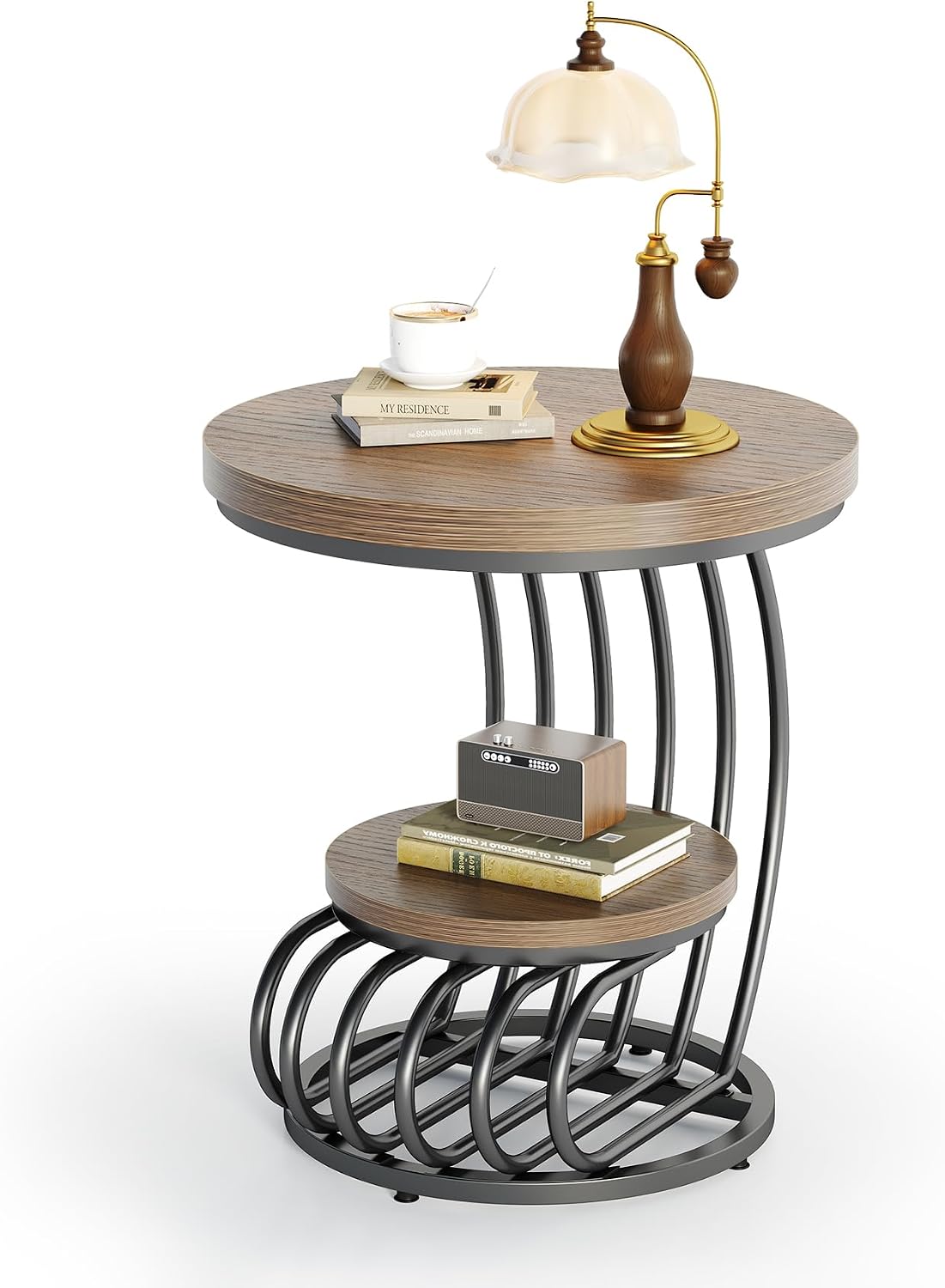 LITTLE TREE Round Side Table, Wood End Table with 2-Tier Storage Shelf, Accent Coffee Table, Creative Curved Metal Frame End Table for Small Spaces, Living Room, Bedroom, Light Brown + Black