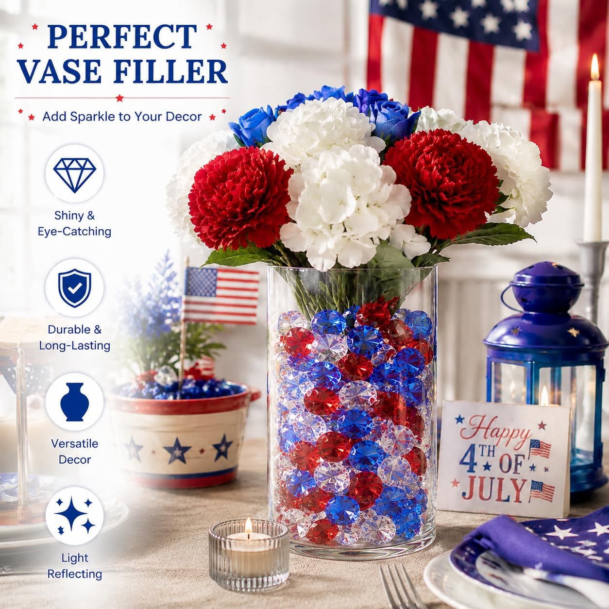200 Pcs Fake Diamonds Blue Red Clear 3/4 Inch Acrylic Gems Independence Day 4th of July Patriotic Decor Aquarium Fish Tank DIY Craft Vase Fillers for Table Centerpieces Memorial Day Decor