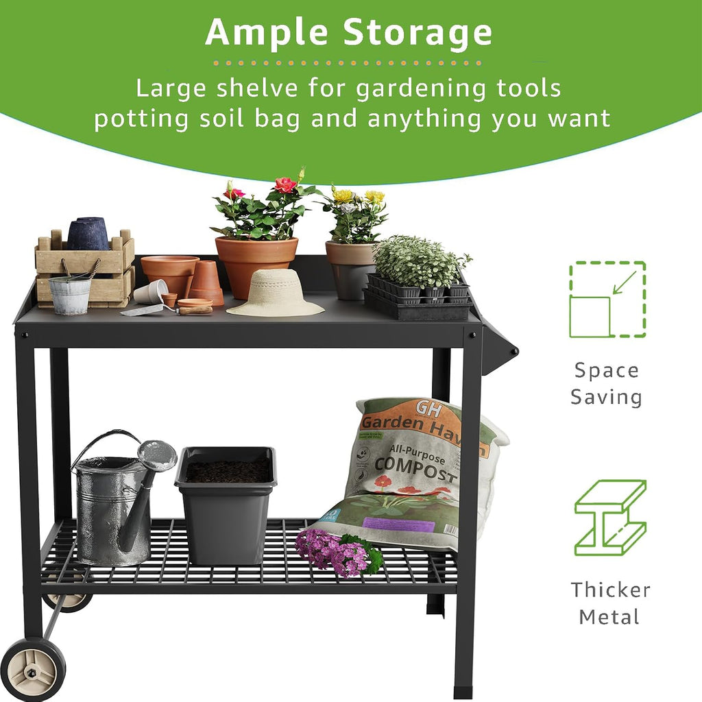 Metal Potting Bench with Wheels Planting Table for Outdoor Gardening Work Benches for Outside Potters Station Weatherproof