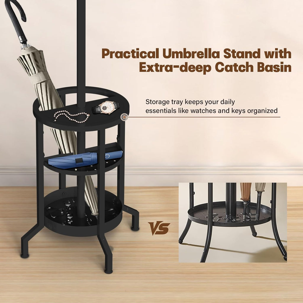 Coat Rack with Umbrella Holder, Coat Rack Freestanding, Metal Coat Tree with 12 Hooks, Modern Coat Hanger Stand for Entryway Living Room Bedroom Office