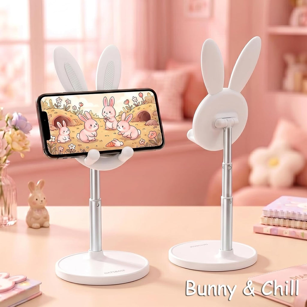 OATSBASF Cute Bunny Phone Stand, Adjustable Cell Phone Holder for Desk, Weighted Base Kawaii Desk Accessories, Aesthetic Room Decor Gift for Women/Girls/Kids, Compatible with All Phones
