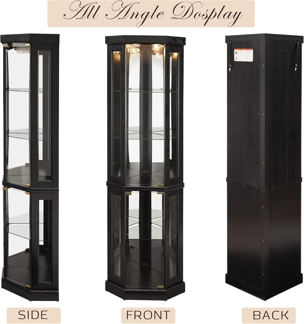 70" Lighted Corner Curio Cabinet, Curved Wood China Display Case with Tempered Glass Doors & Adjustable Shelves, Light Bulb Included, Tall Wine Storage Rack for Bar and Liquor Storage (Black)