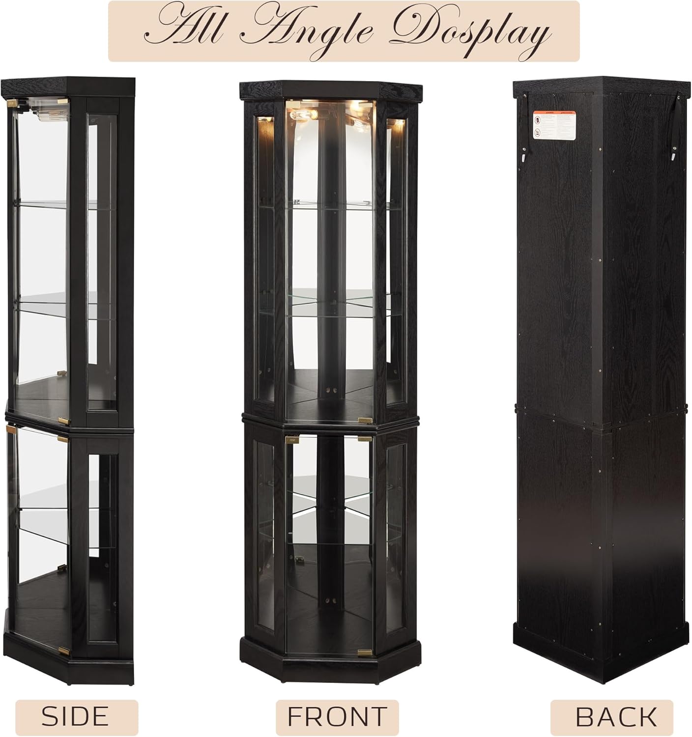 70" Lighted Corner Curio Cabinet, Curved Wood China Display Case with Tempered Glass Doors & Adjustable Shelves, Light Bulb Included, Tall Wine Storage Rack for Bar and Liquor Storage (Black)