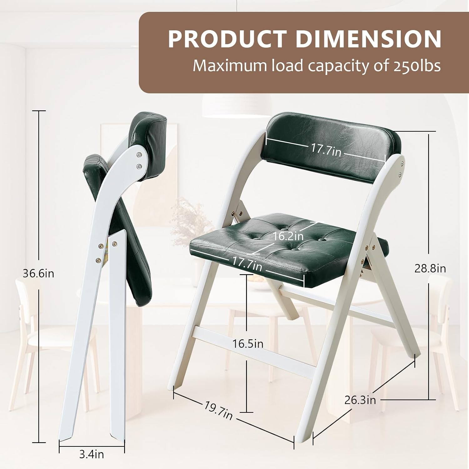 Wooden Folding Chairs Set of 2, Modern Folding Chairs with Padded Seats, Folding Dining Chairs, Padded Folding Chair for Party Chairs, Weddings, WhiteGreen