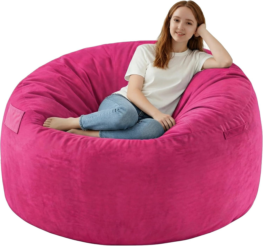 4FT Bean Bag Chair, Large Bean Bag Chairs with Memory Foam Filled, Fluffy Beanbag Sofa with Dutch Velvet Cover, Round BeanBag Chairs for Living Room, Playroom - Pink
