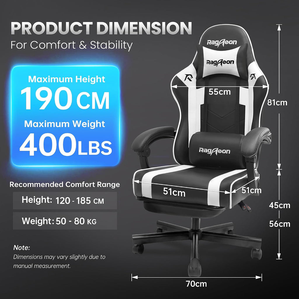 Gaming Chair for Adults Gamer Game Ergonomic PC Chair, 7-Point Support | Pocket Springs & Foam,51cm Wide Seat,Sync Armrests, 90°-135° Backrest, PU Leather, Black and White, 400lbs Load