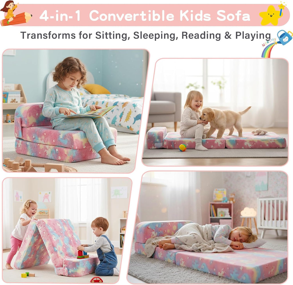 Tiita Folding Sofa Bed for Kids, Toddler Fold Out Couch Bed with Removable Cover, Kids Futon Sleeper Chair Folding Beds Mattress for Children Room, Living Room, Guest Room,Colorful