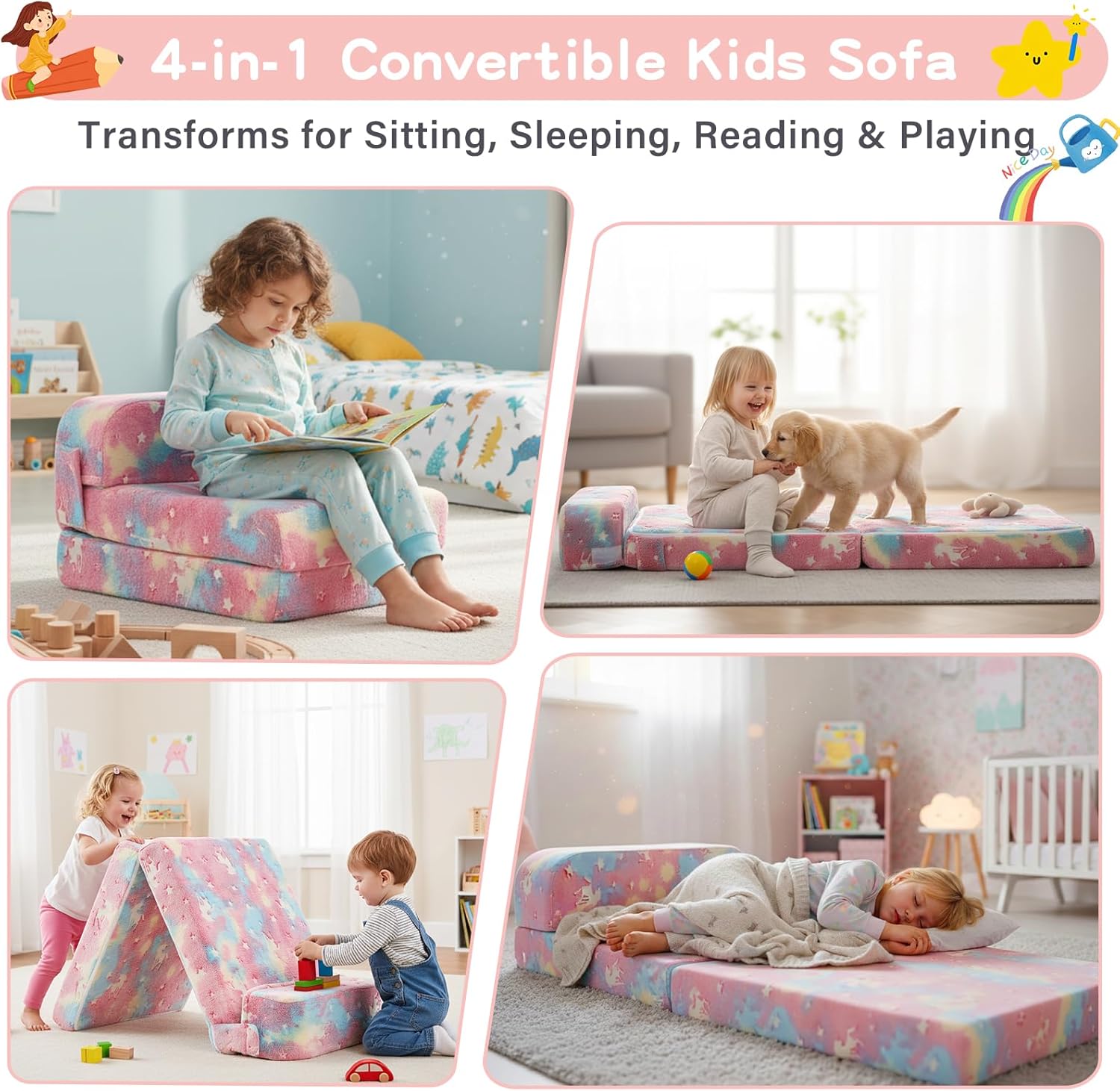 Tiita Folding Sofa Bed for Kids, Toddler Fold Out Couch Bed with Removable Cover, Kids Futon Sleeper Chair Folding Beds Mattress for Children Room, Living Room, Guest Room,Colorful