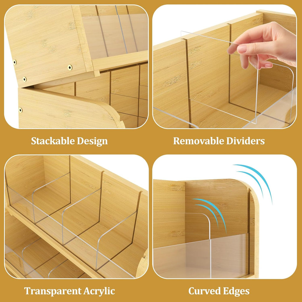 3 Layer Bamboo Tea Bag Organizer, Stackable Tea Storage Holder | Tea Storage Containers with Acrylic Dividers, FSC-certified Bamboo, Easy Assembly