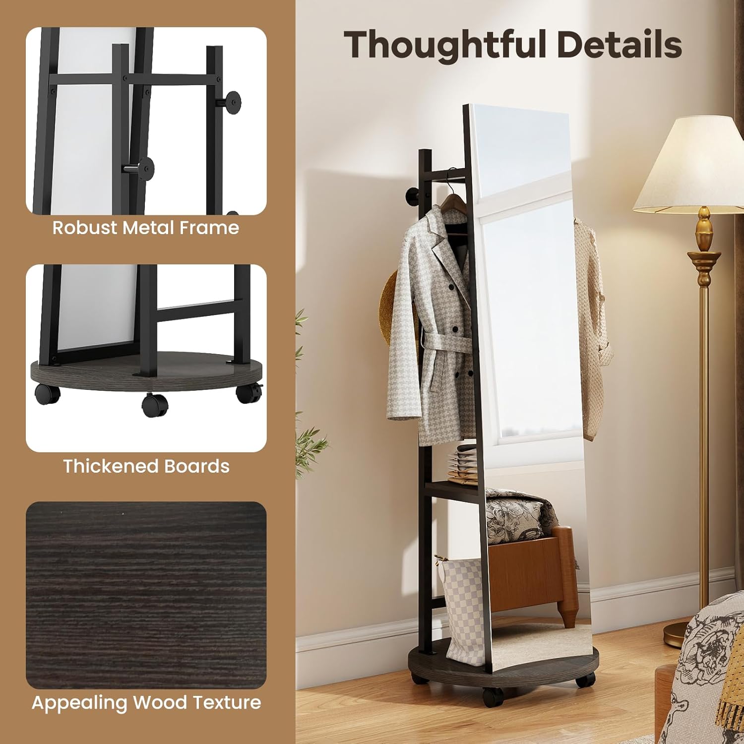 Tangkula Full Length Mirror with Coat Rack, Swivel 55" Standing Floor Mirror on Wheels with Shelves, Hanging Rods & Hooks, Coat Tree with Full Body Mirror for Living Room, Entryway, Bedroom