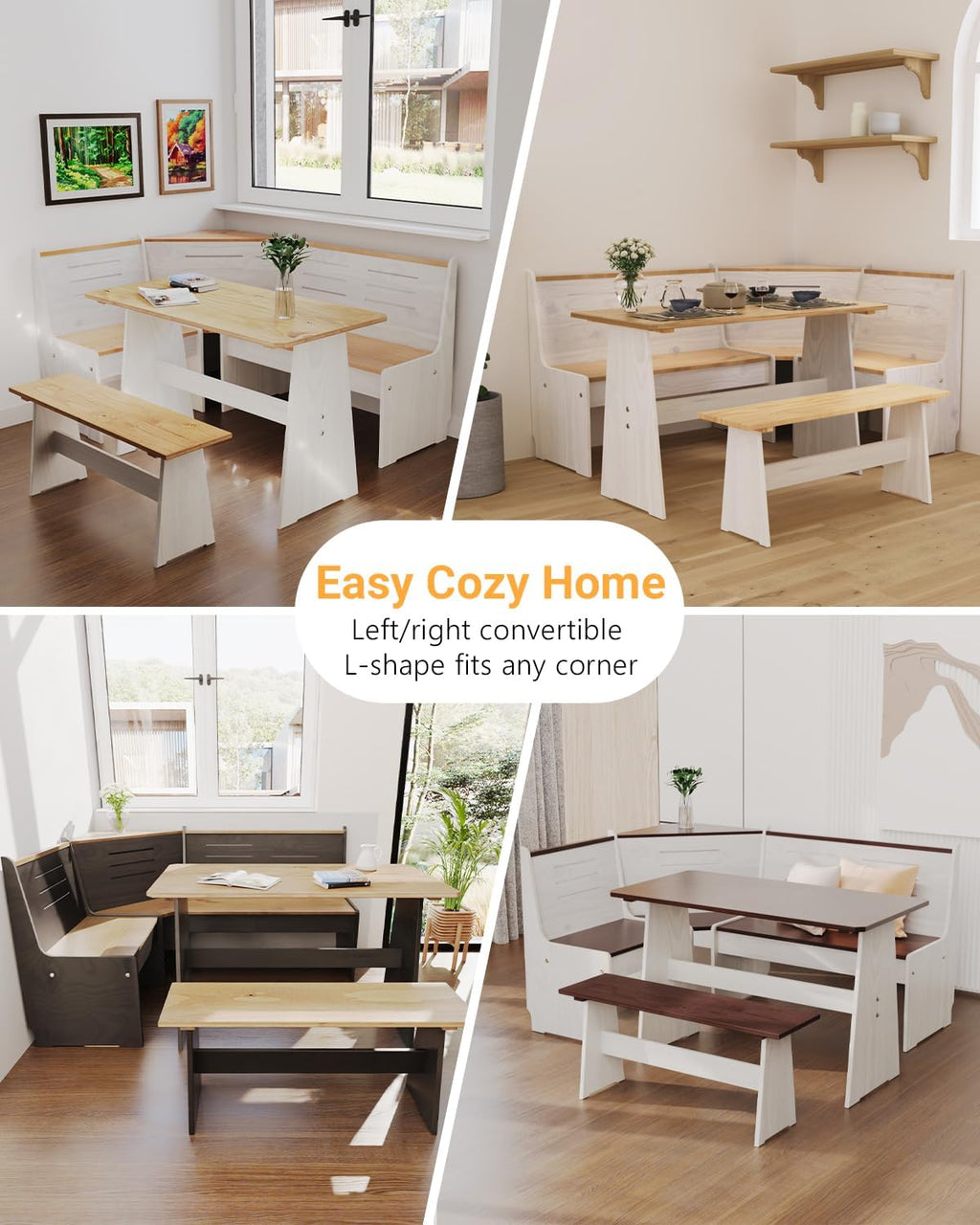 Breakfast Nook Table Set - Reinforced Packaging - Corner Kitchen Dining Table Set for 4-6 People, Solid Pine Wood with L-Shaped Bench Modern Farmhouse Dining Room Set, Coal Black