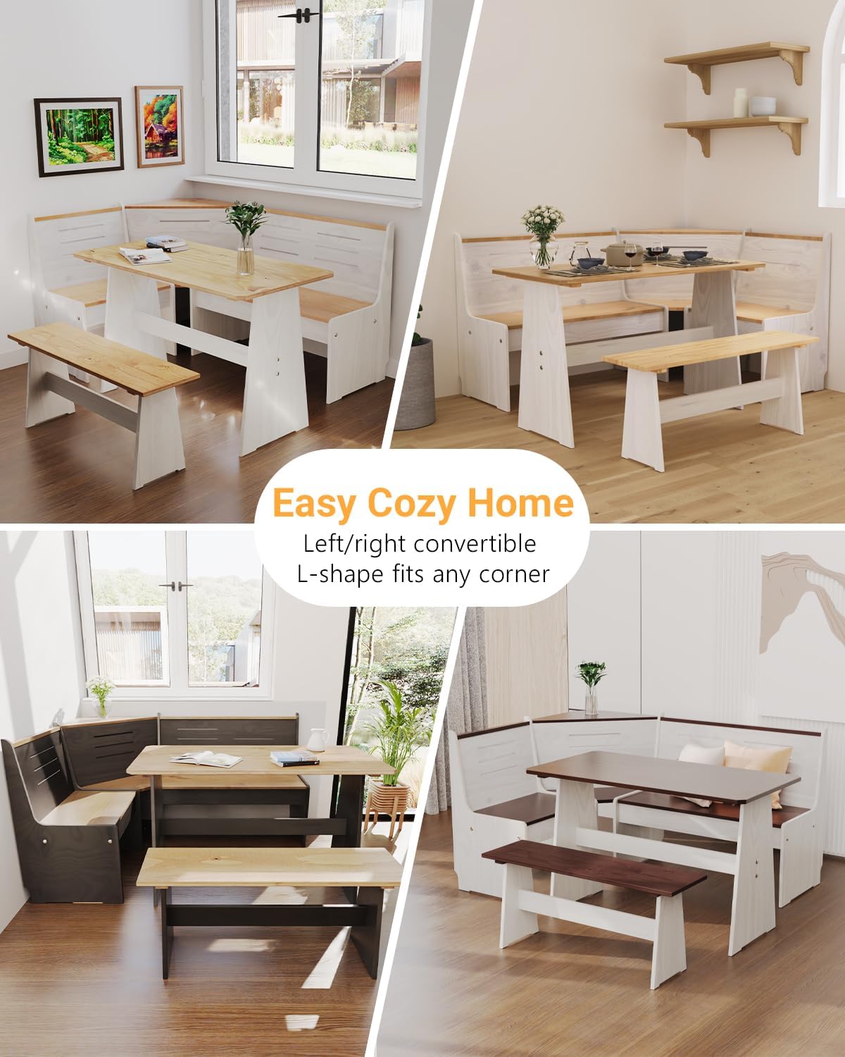 Breakfast Nook Table Set - Corner Kitchen Dining Table Set for 4-6 People, Modern Farmhouse Dining Room Solid Pine Wood with L-Shaped Bench Set for Family Morning Coffee & Brunch, Space-Saving, Black