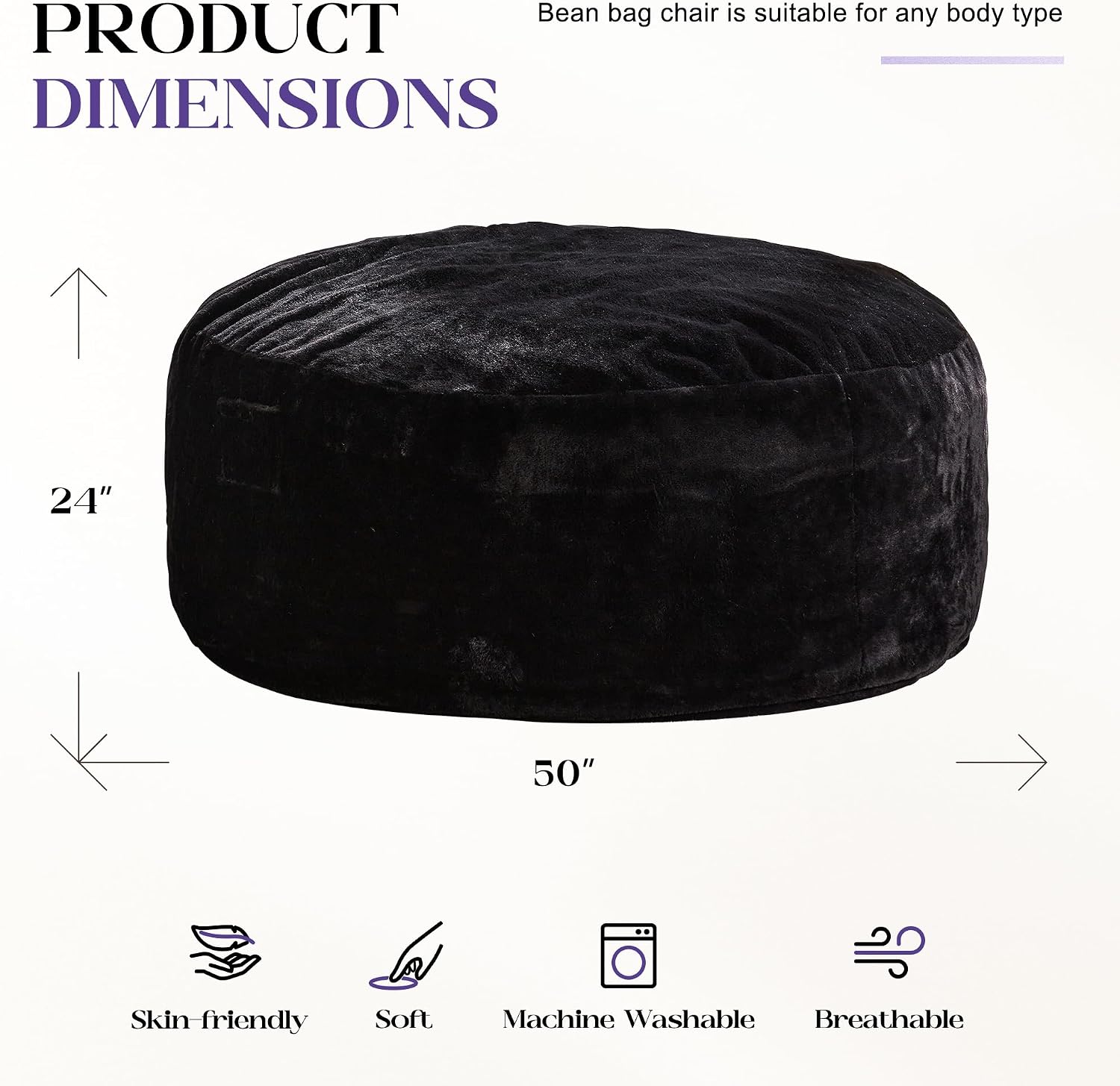 Hobestluk Bean Bag Chair for Adult Giant Beanbag with Filler Black 5FT | Breathable Material Removable Machine Washable Cover Memory Foam Living Room Bedroom Reading Gaming Oversized Large Big