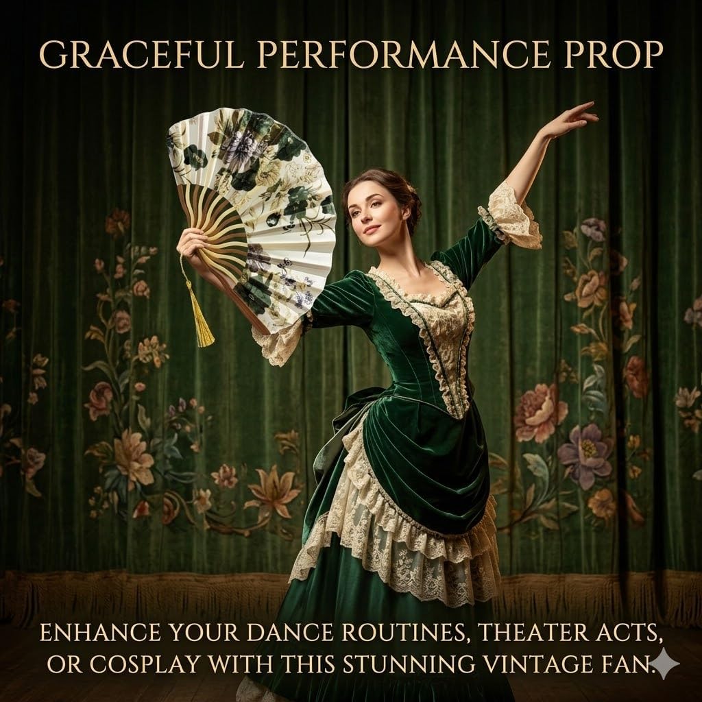 Vintage Floral Folding Hand Fan with Tassel, Chinese Style Fabric Hand Fan for Wedding, Dance, and Home Decor, Portable Elegant Fan for Women (Green Floral)