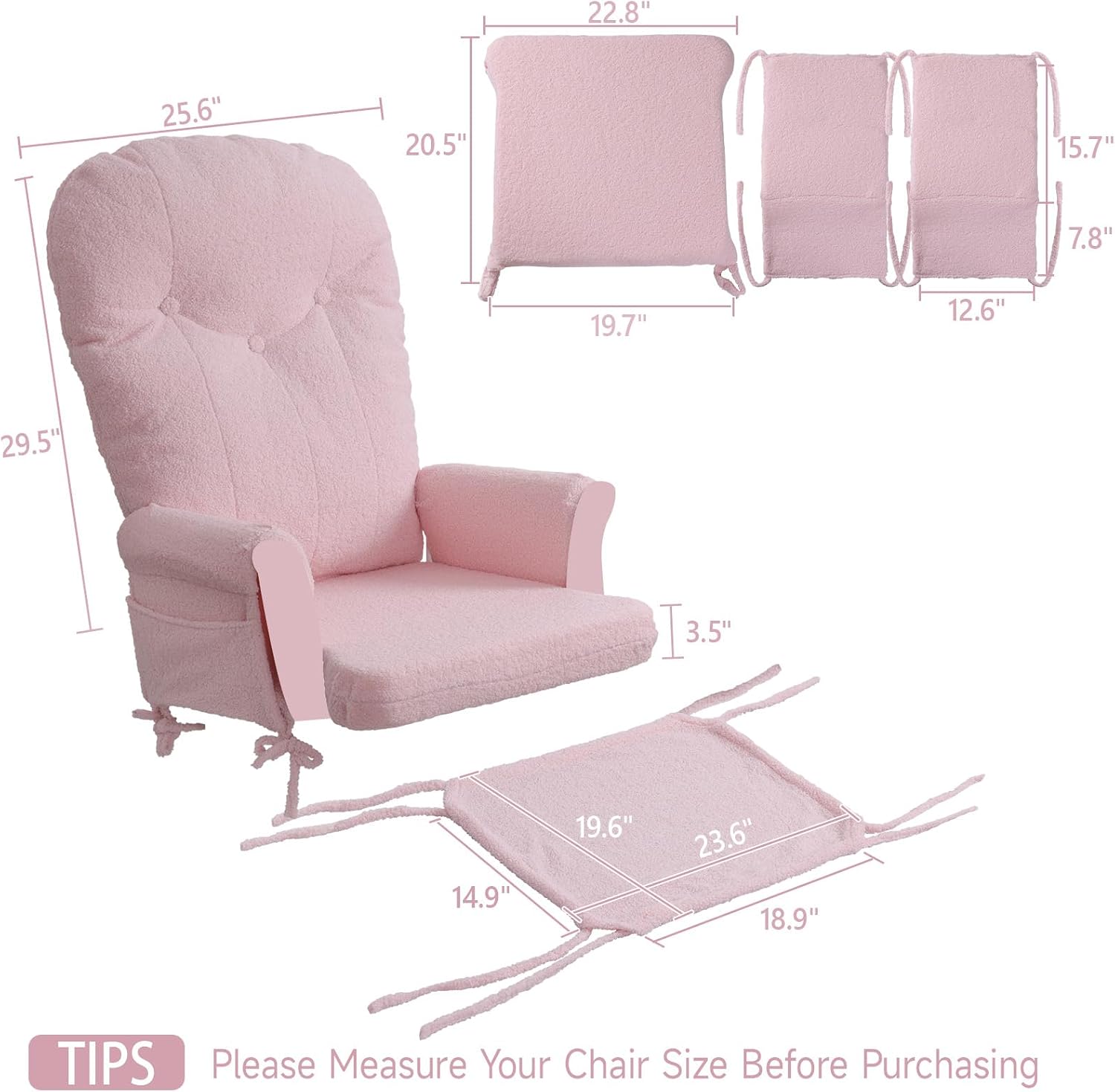 Boshen 5PCS Glider Rocker Replacement Cushions with Ottoman Cover, Tufted High Back & Teddy Plush Rocking Chair Cushion Set, Thickened 3.5'' Glider Cushions with Side Pockets for Indoor Nursery, Pink