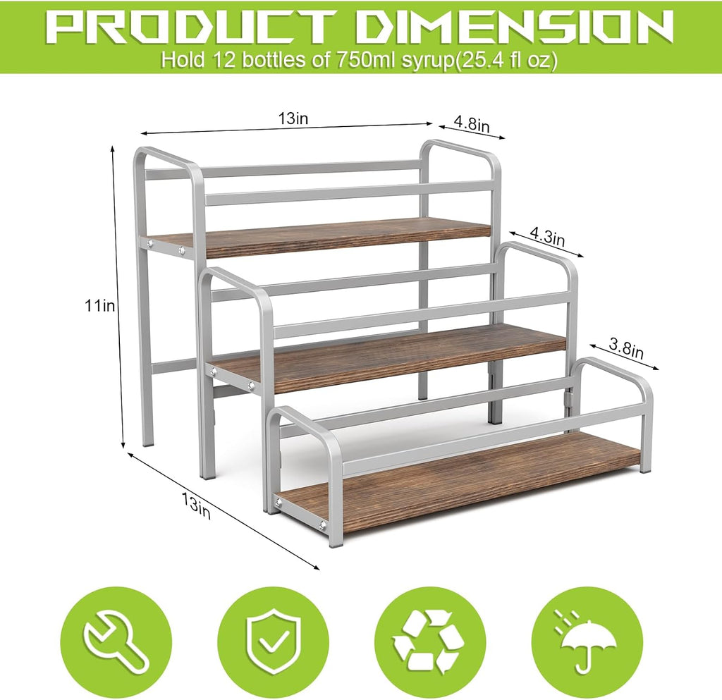 3-Tier Coffee Syrup Rack for Countertop, Large Capacity 12-Bottles Syrup Stand with Wood Shelf & Metal Frame for Coffee Bar, Premium Grey Coffee Organizer Station/Wine Rack for Kitchen Storage