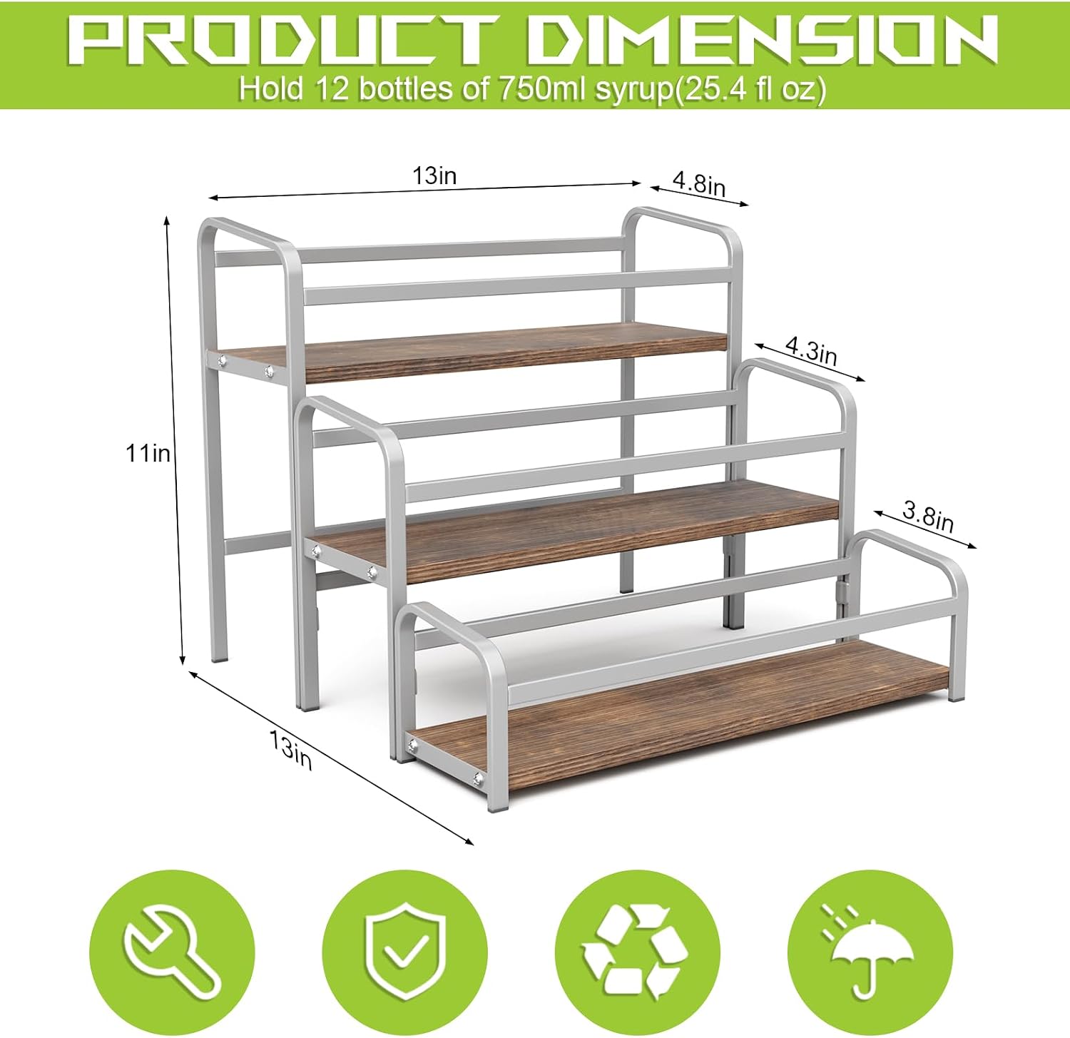 3-Tier Coffee Syrup Rack for Countertop, Large Capacity 12-Bottles Syrup Stand with Wood Shelf & Metal Frame for Coffee Bar, Premium Grey Coffee Organizer Station/Wine Rack for Kitchen Storage