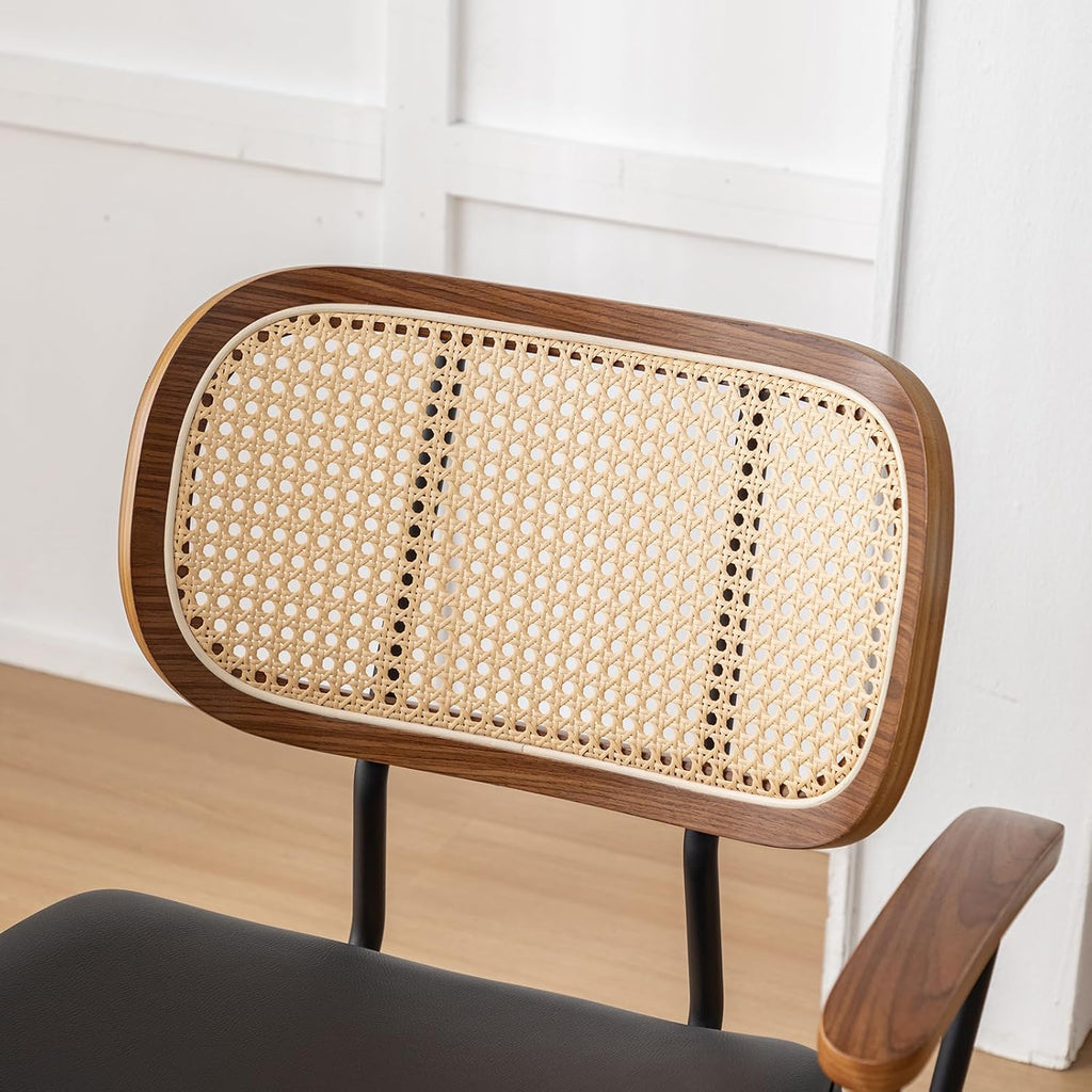Rattan Dining Room Chairs Set of 4,Mid Century Modern Kitchen Side Chairs,Metal Legs Desk Chair,Faux Leather Accent Chair with Arms and Rattan Backrest Black PU