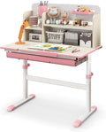 HONEY JOY Kids Desk, Children School Study Desk w/ 7-Level Tiltable Desktop, Height Adjustable Table w/Bookshelf, Pull-Out Drawer & Pen Holder, Student Writing Workstation, Desk for Girls Boys (Pink)