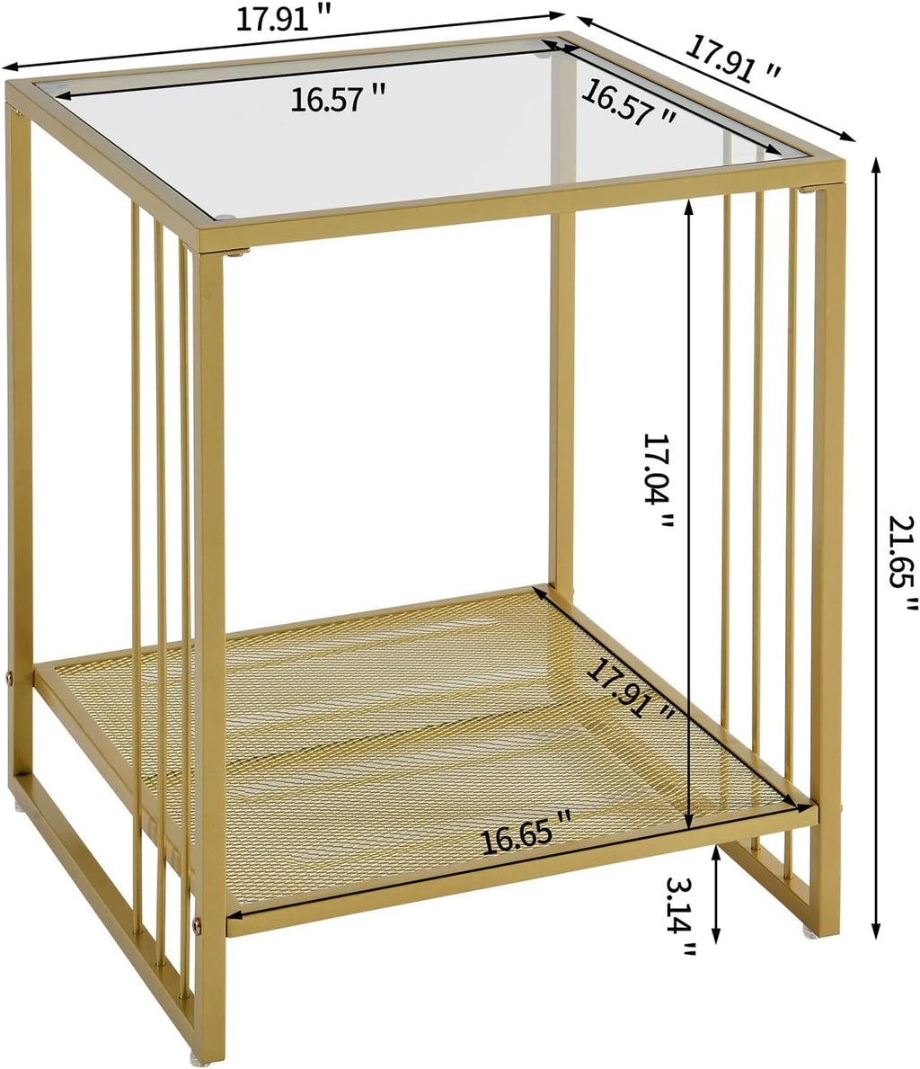 18 Inch Square Tempered Glass Gold End Table with 2-Tier Storage Shelf, Modern Gold Metal Frame Sofa Side Table Clear Glass Accent Table for Living Room Bedroom Small Spaces